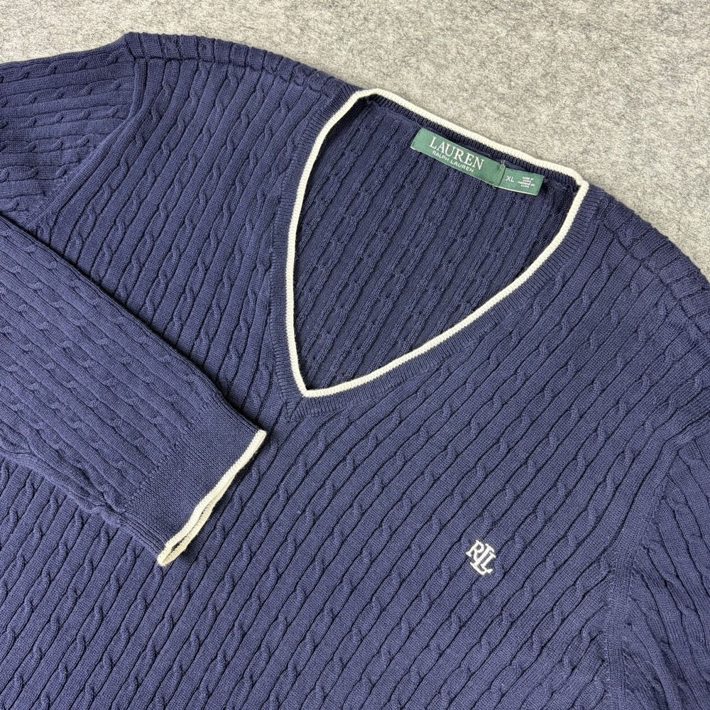 Lauren Ralph Lauren Sweater Womens XL Navy White Trim Cable Knit V-neck Pullover